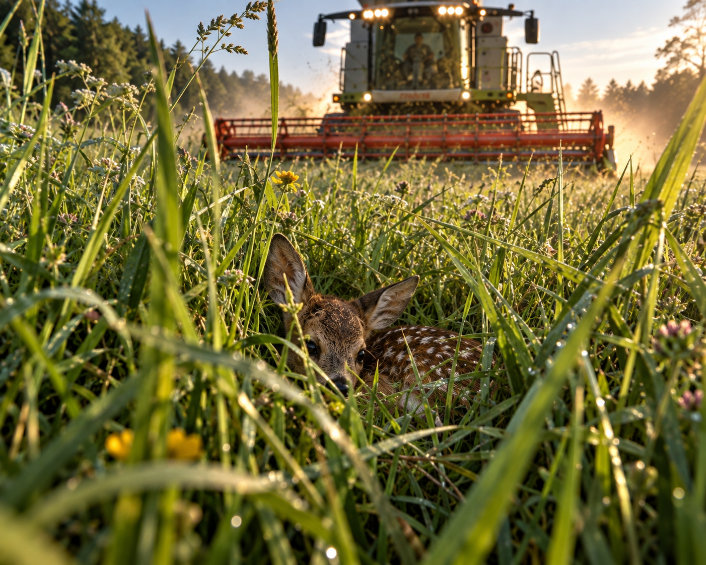 Rehkitz versteckt im hohen Gras, während im Hintergrund ein Mähdrescher über das Feld fährt