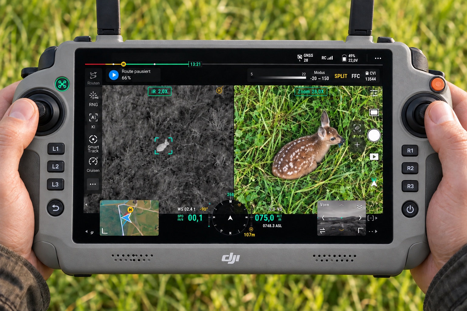 DJI-Drohnencontroller mit geteiltem Bildschirm: links das Wärmebild eines Rehkitzes, rechts das vergrößerte Kamerabild des Rehkitzes im Gras