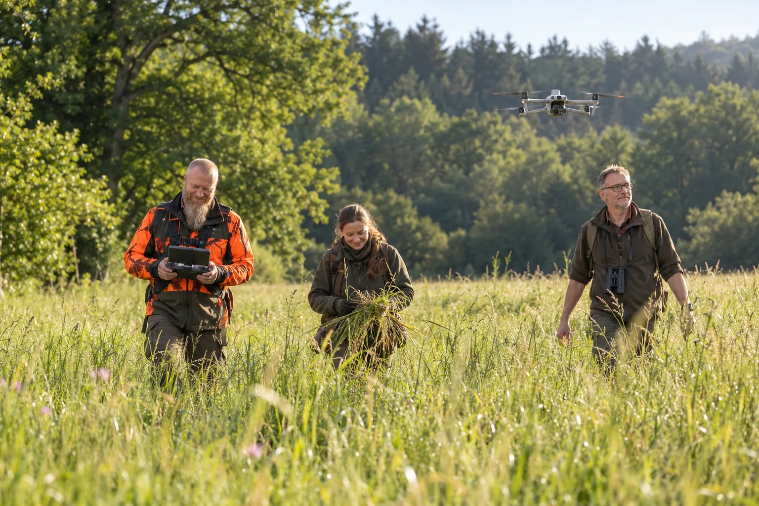 KI-Illustration einer Suchmannschaft auf einer Wiese mit Drohne